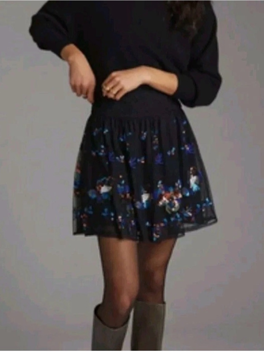 Anthropologie Sequined Tulle Mini Skirt Black
